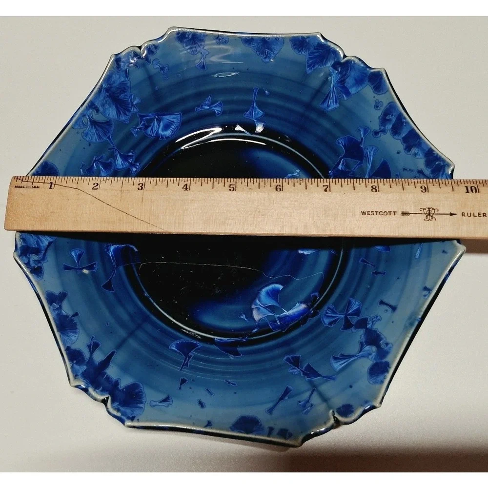 Studio Pottery Crystalline Glaze Blue Scalloped Octagon Plate Signed 9.25 Inch